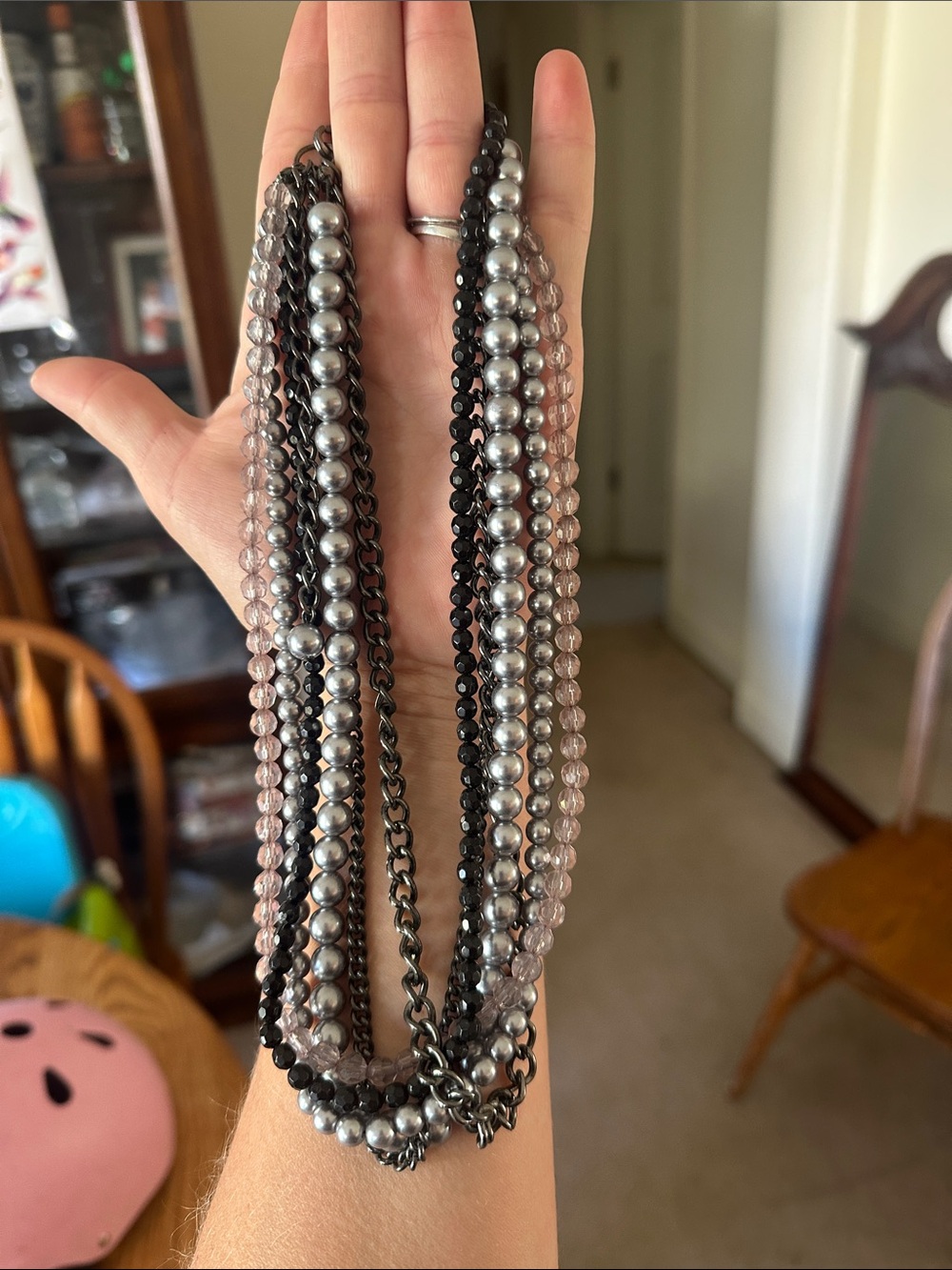 Premier Designs Multi-Strand Silver, Black and Pink Bead Necklace